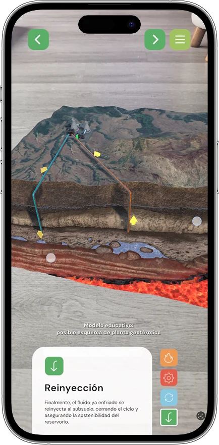 Geothermal AR app: a cut-away of volcanic terrain anchored on the floor, with the info card explaining reinjection