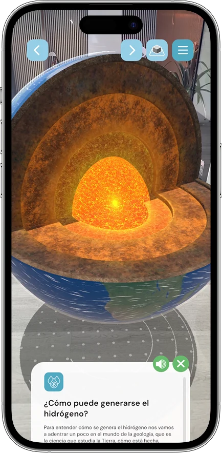 Natural Hydrogen AR app: a cut-away of the Earth anchored in a room, with the info card on how hydrogen is generated