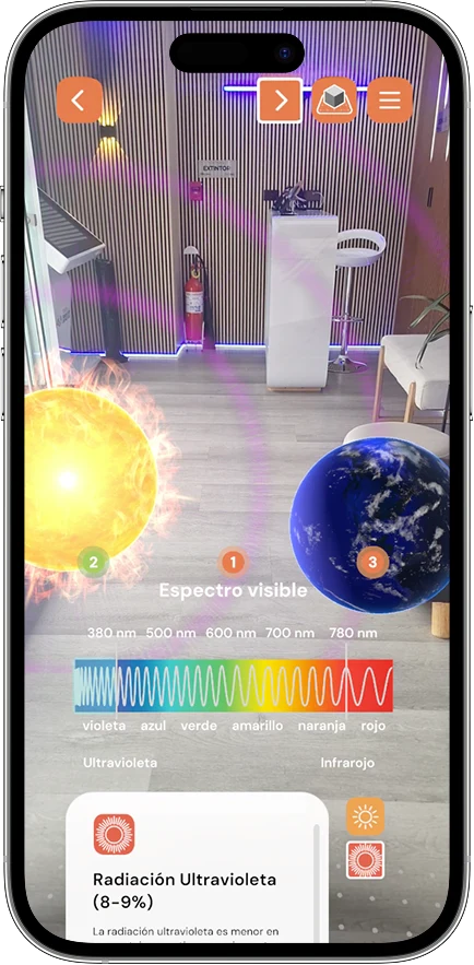 Solar AR app: the sun and the Earth anchored in a room, the visible-light spectrum below them and an info card on ultraviolet radiation
