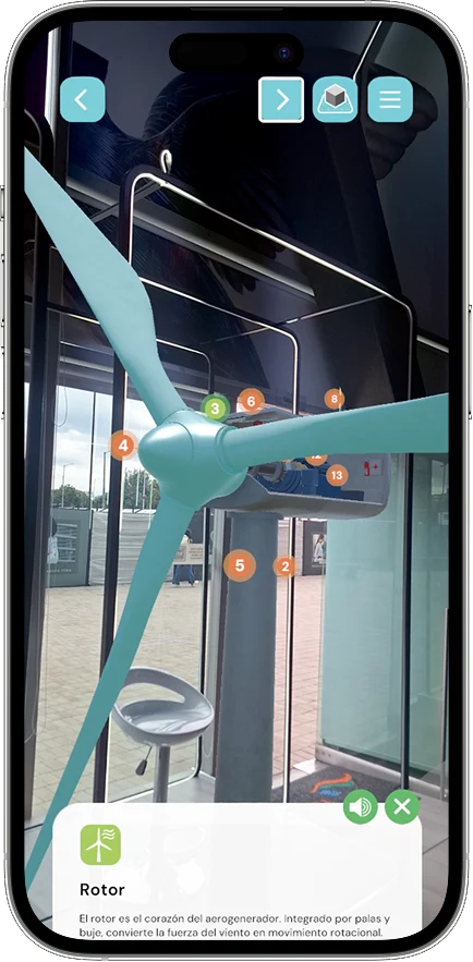 Wind AR app: a turbine anchored in a room, numbered hotspots over its components and the info card describing the rotor