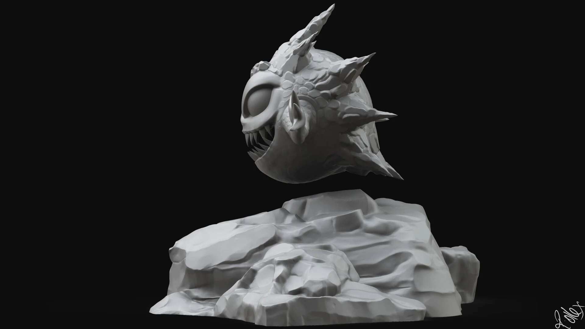 Side view of the creature and rock, showing the spikes running along its back.
