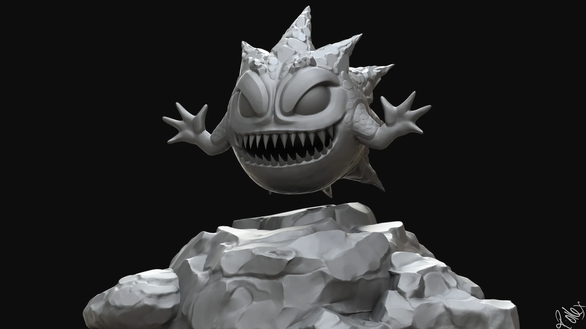 Grey clay render of a round, spiky creature with huge eyes and a wide grin of pointed teeth, perched on a pile of rocks.