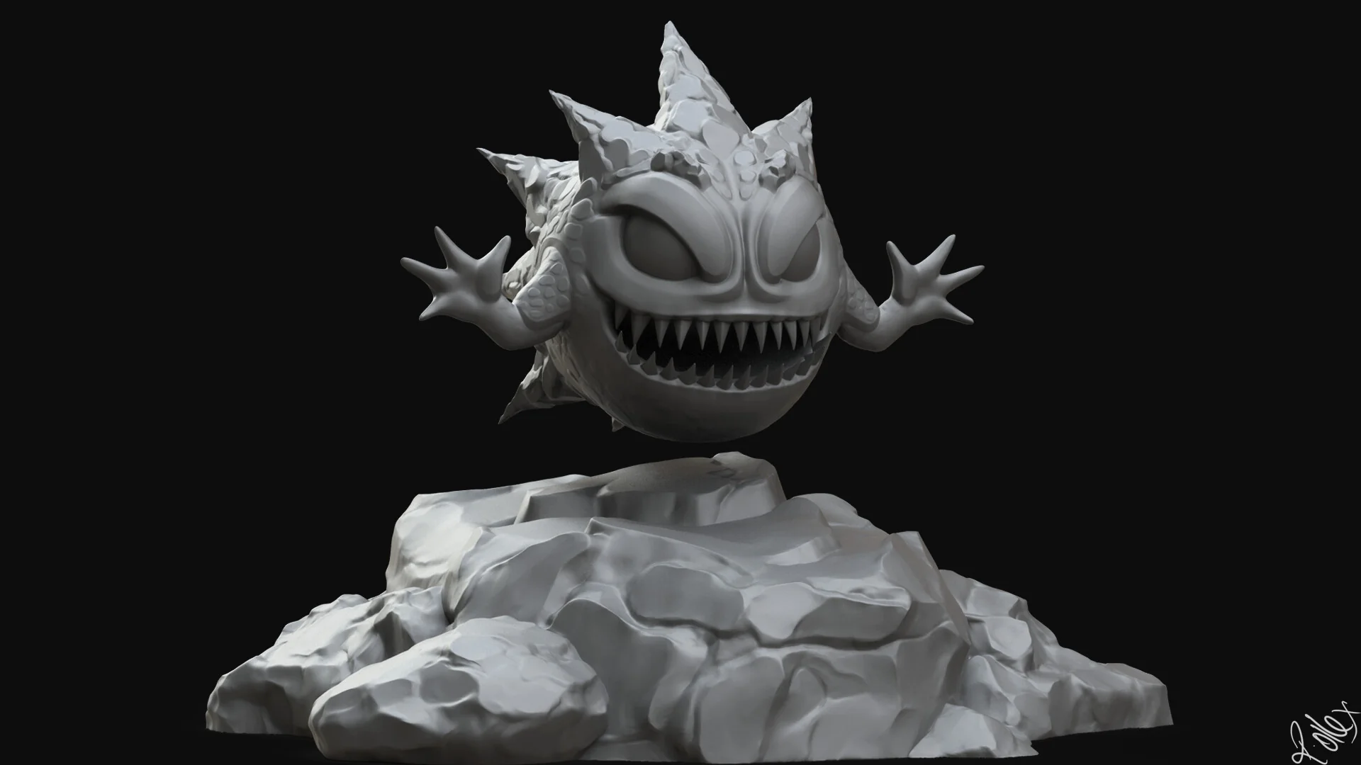 The creature on its rock seen slightly from the left, its clawed arms spread wide.