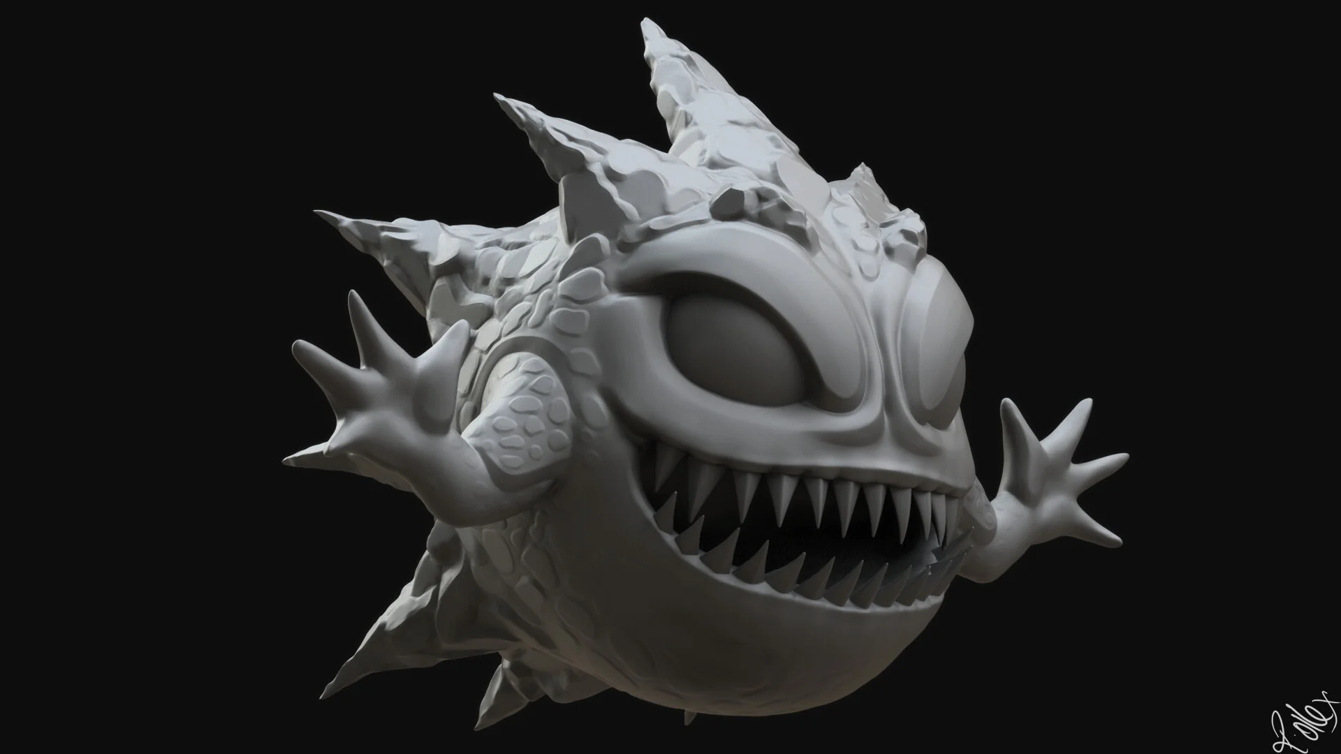 Three-quarter view of the creature, showing the scaled surface and the depth of the eye sockets.