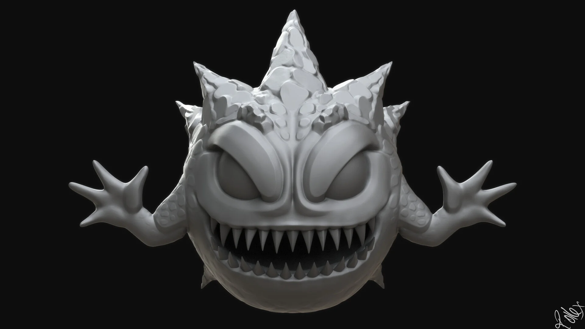 The creature on its own against a dark backdrop, front-on, arms out and mouth open.