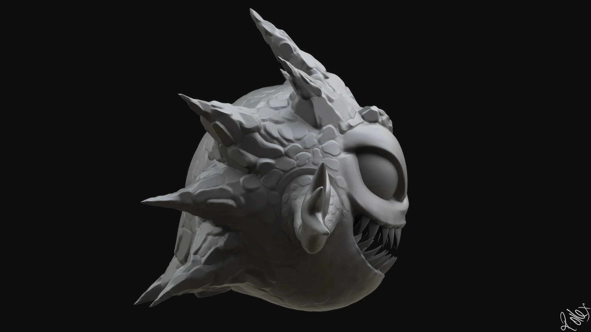 Profile view, the horn-like spikes sweeping back from the head.