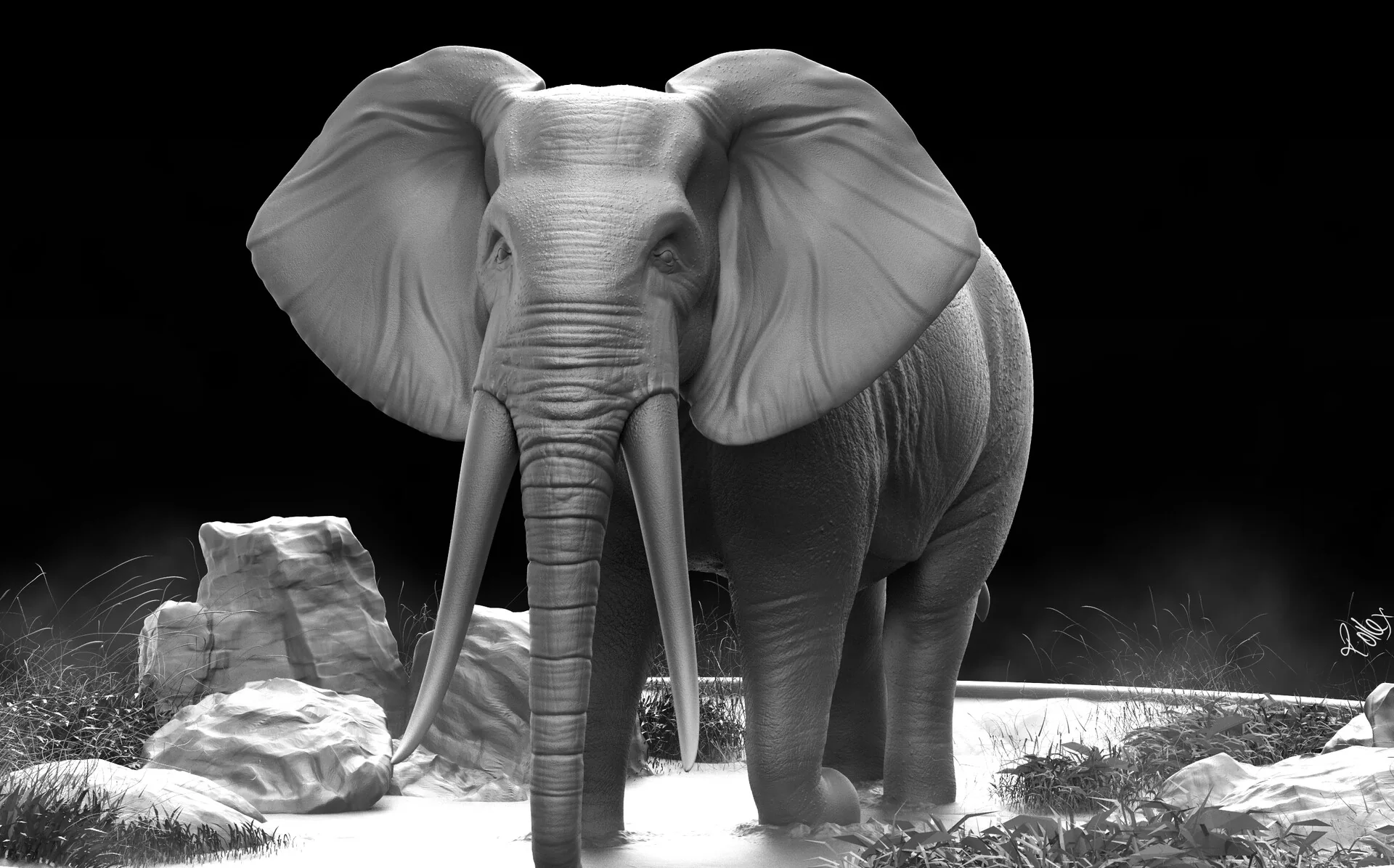 Grey clay render of a sculpted elephant walking forward across a rocky base, seen from the front.