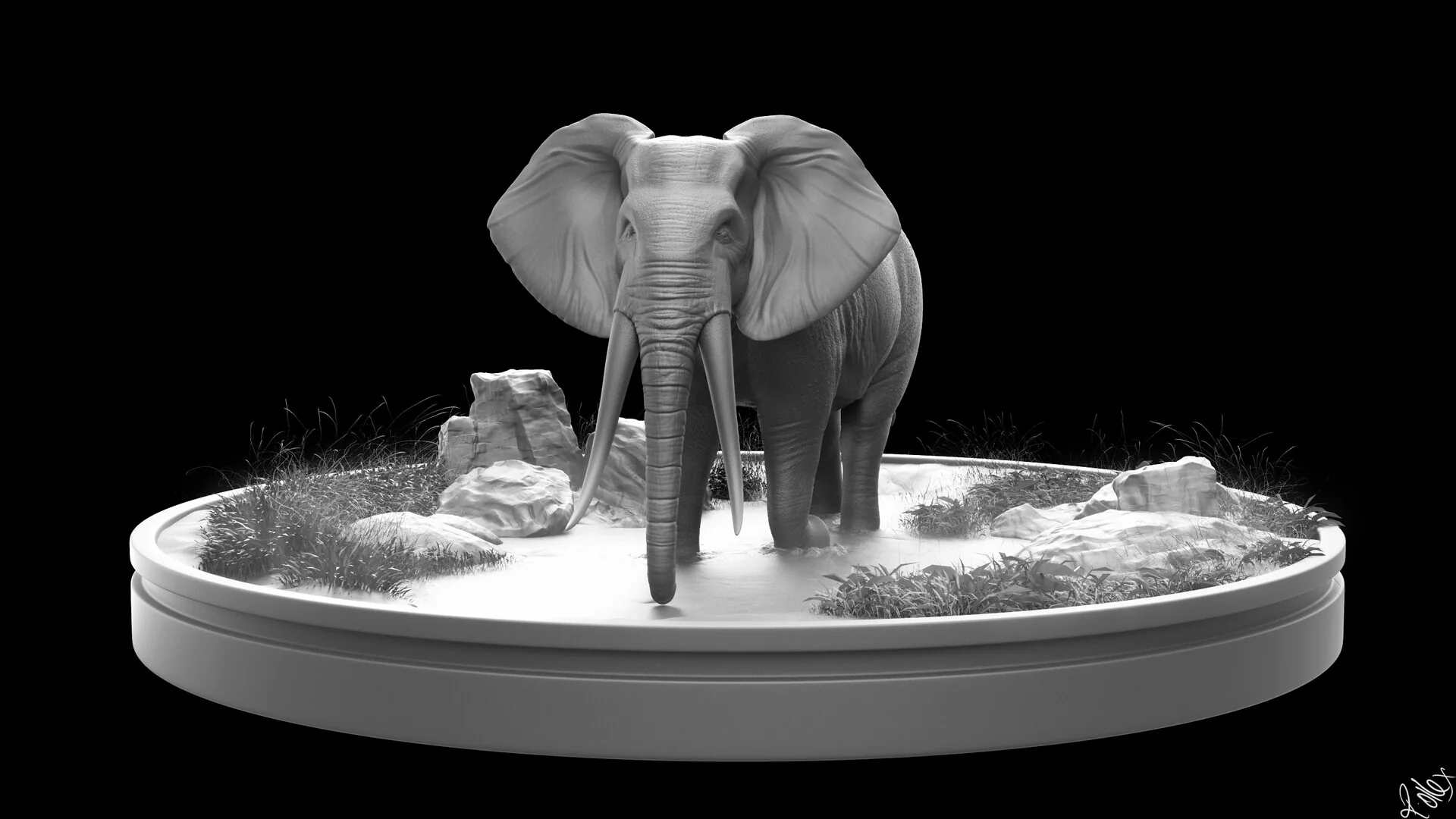 The pedestal piece seen from the front, the elephant framed by the rocks at its feet.