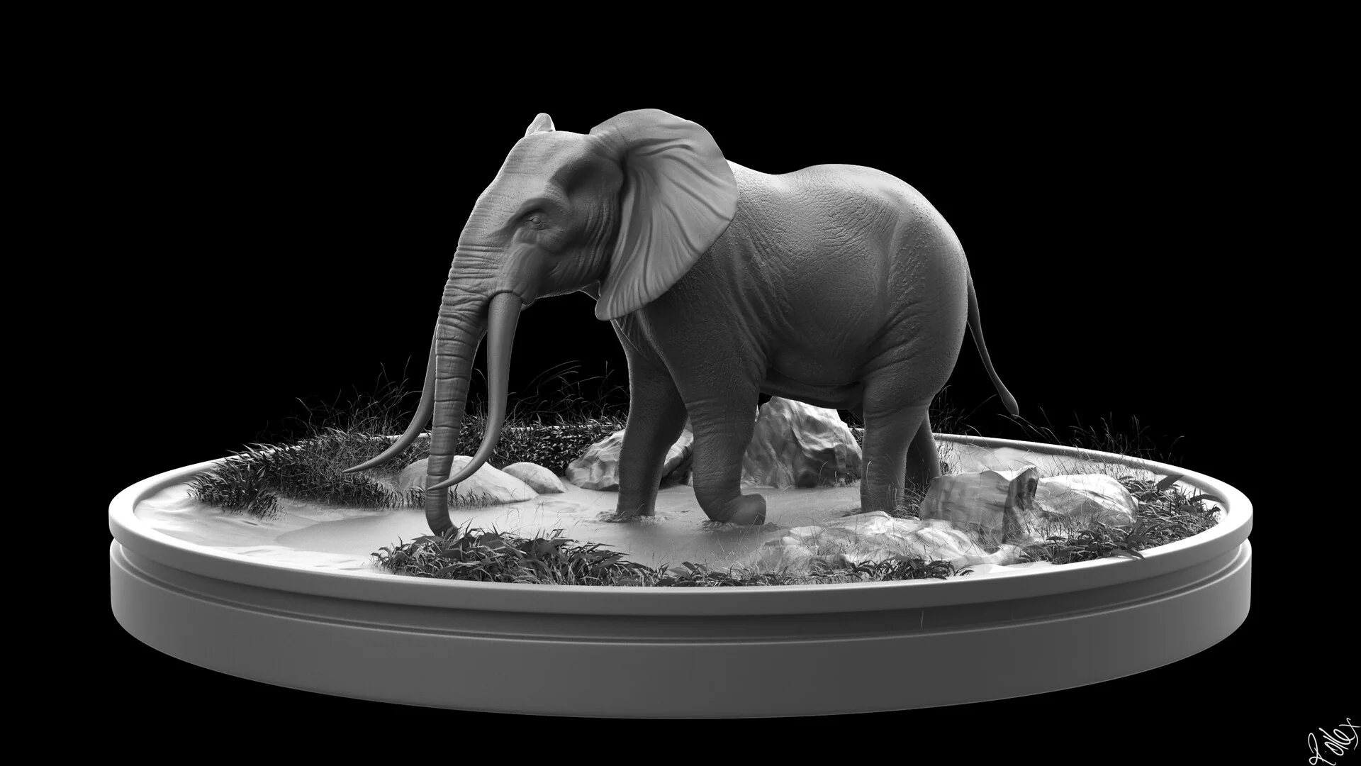 The whole piece presented on a round pedestal, seen from the side.