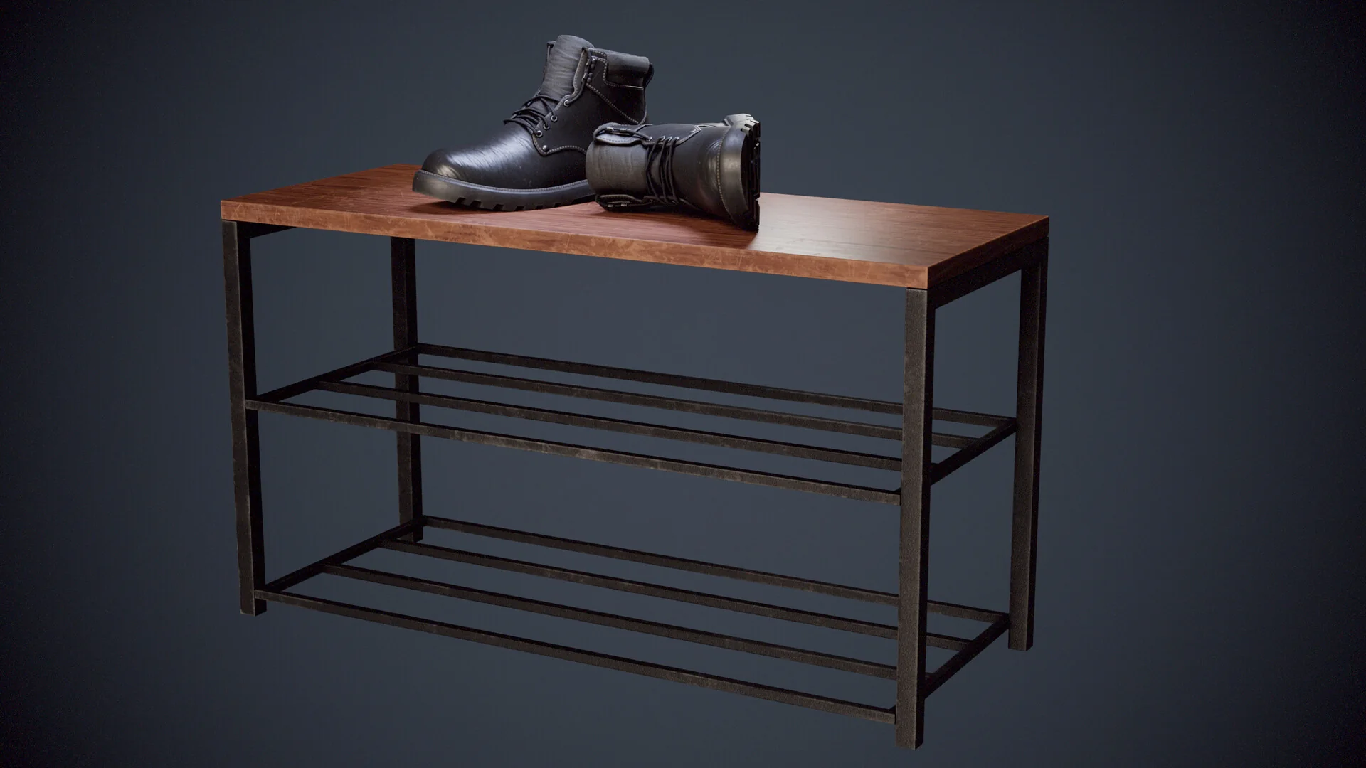 The boots on the metal-framed wooden shoe rack they were built for, seen against a plain backdrop.
