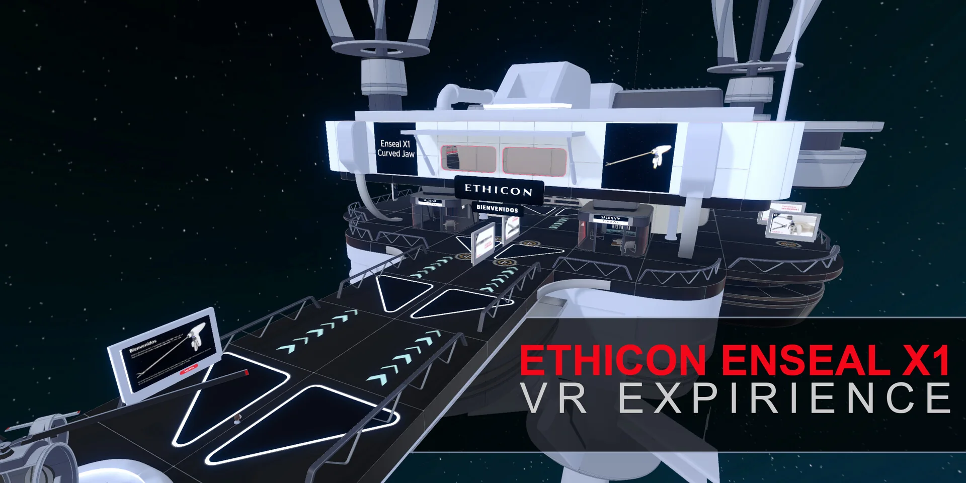 Title card for the VR experience: the Enseal X1 showroom seen from above, with display screens around a central plinth and the words ETHICON ENSEAL X1 VR EXPERIENCE over it.