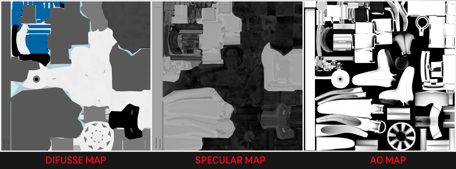 Diffuse, specular and ambient occlusion maps for the Enseal X1, laid out side by side.