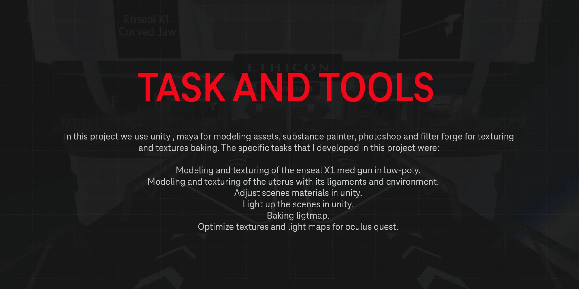 Text slide listing the software used and the specific tasks carried out on the project.
