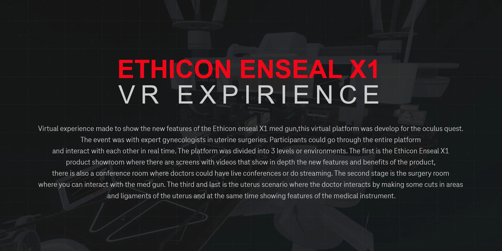 Text slide describing the virtual experience, its audience of gynaecologists and its three levels, over a dimmed view of the showroom.