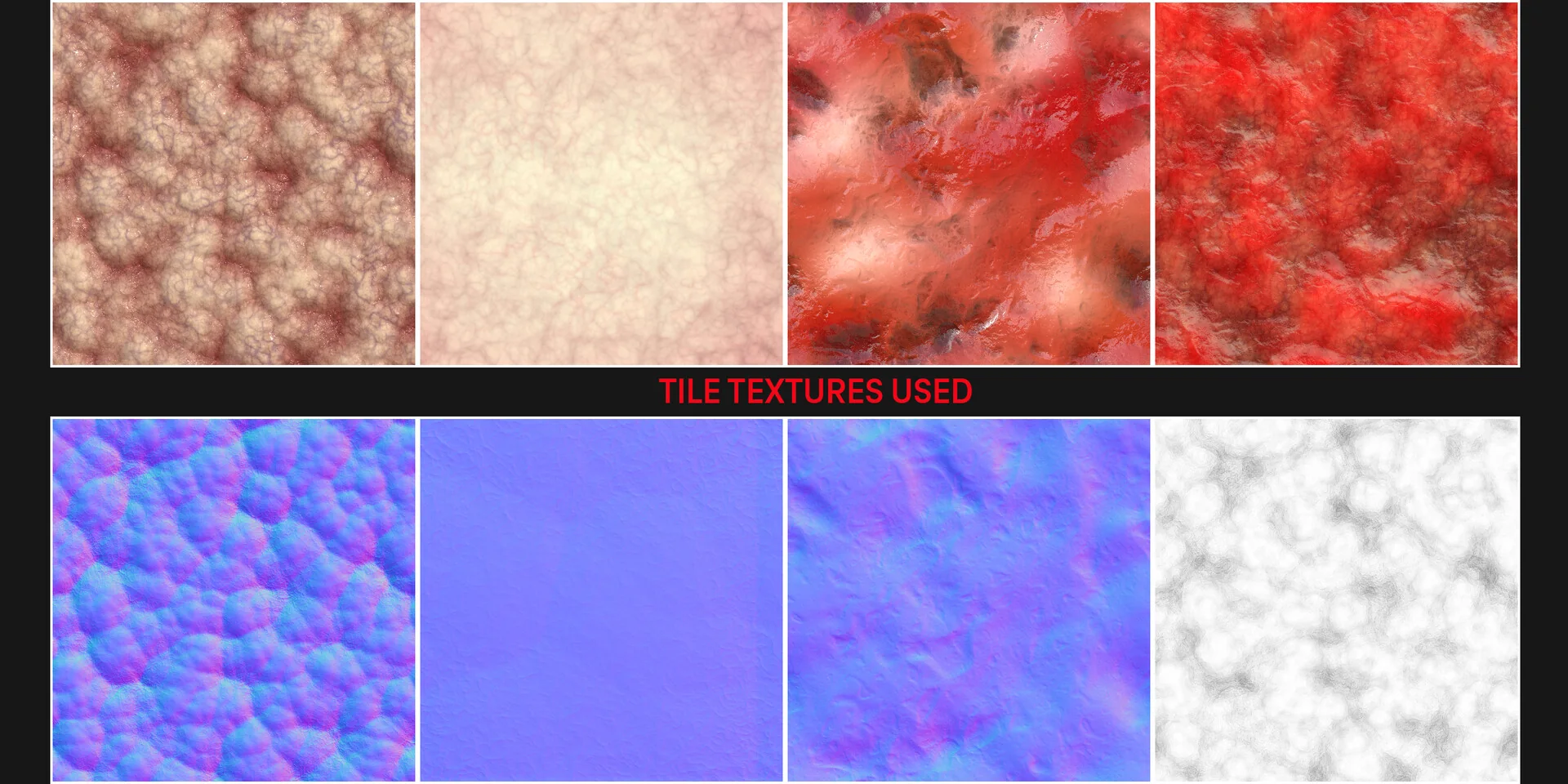 Grid of the tiling textures used on the organ: colour variations of tissue on top, their matching normal maps below.