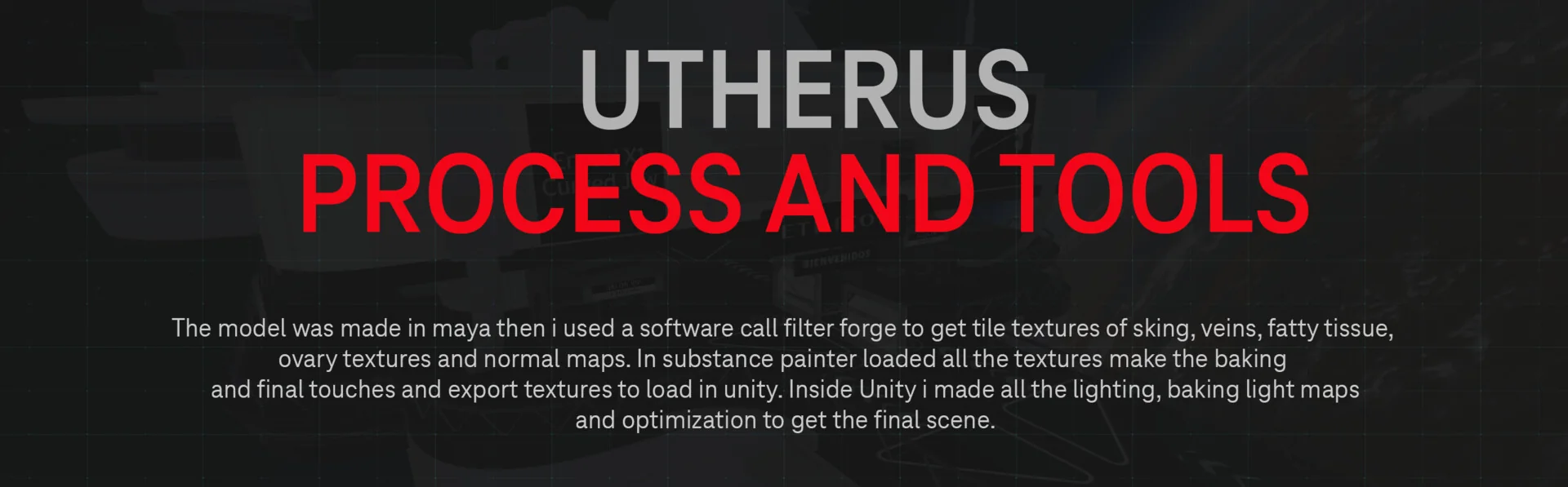 Text slide headed UTERUS — PROCESS AND TOOLS, explaining how the organ was modelled and textured.
