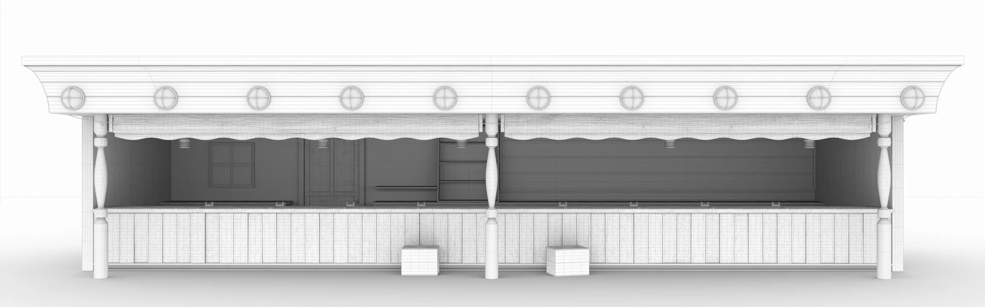 Ambient occlusion and wireframe pass of the stall, rendered in white.