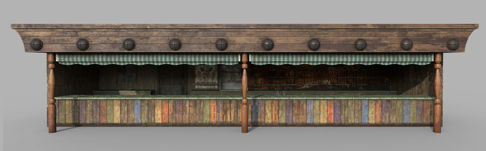 The stall rendered on a neutral grey backdrop under flat lighting, showing the texture work without atmosphere.