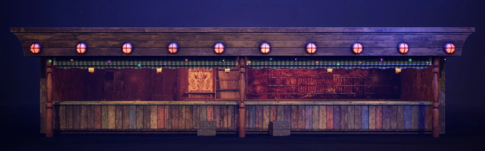 Wide front elevation of the shooting gallery stall at night, its canopy lined with round bulbs and string lights above a painted plank counter.