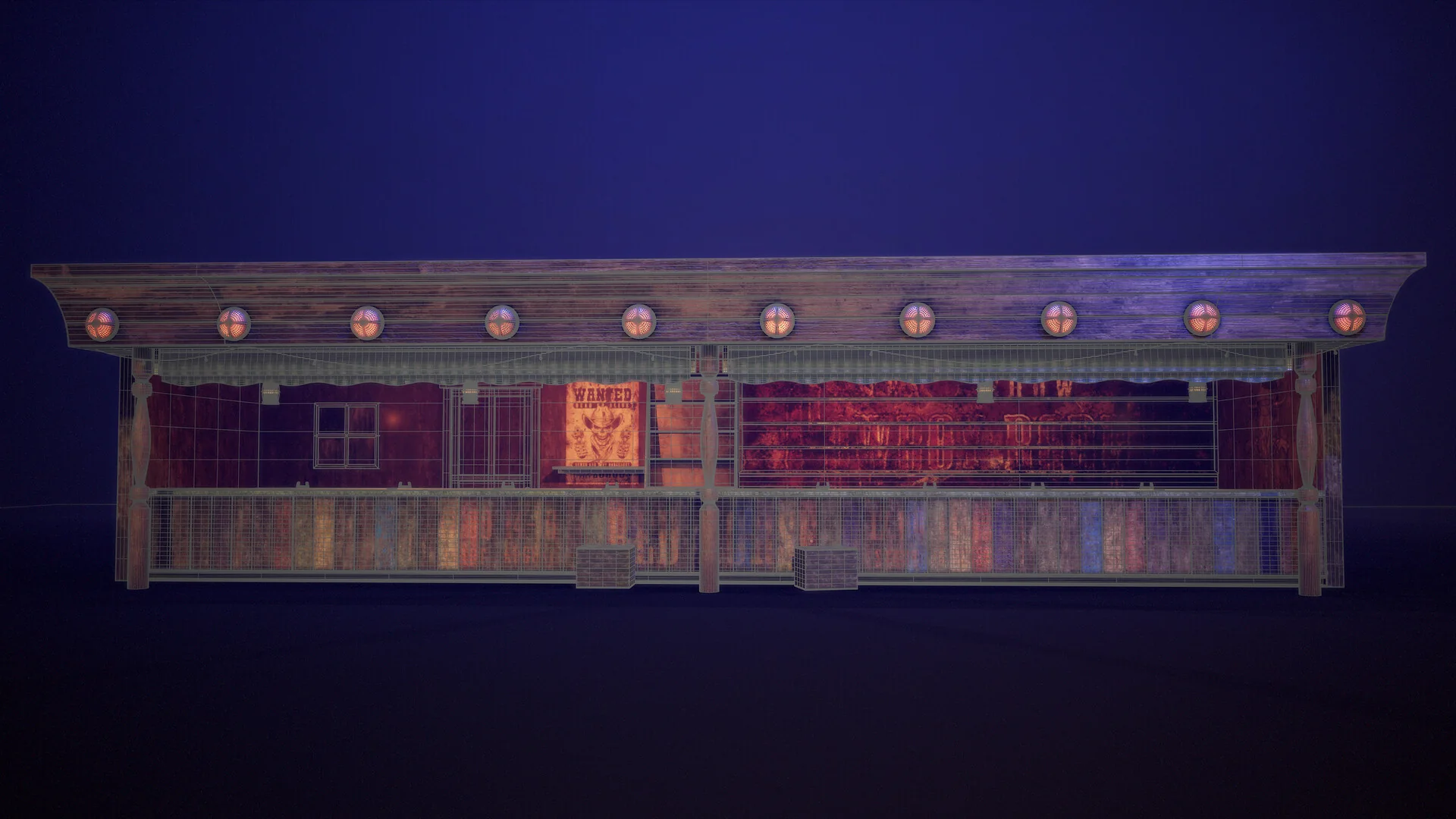 Front elevation of the stall with the wireframe overlaid.