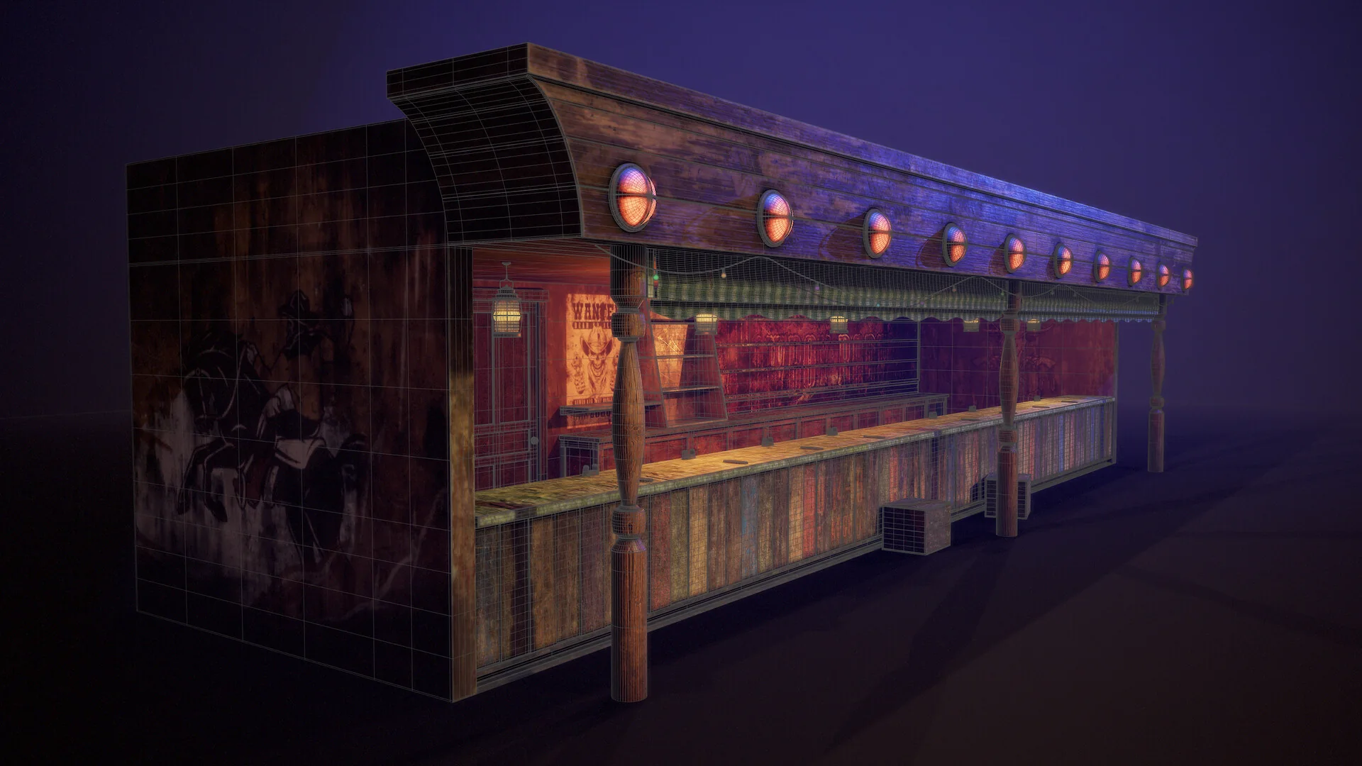 Three-quarter view with the wireframe overlaid, showing edge distribution across the canopy and turned posts.