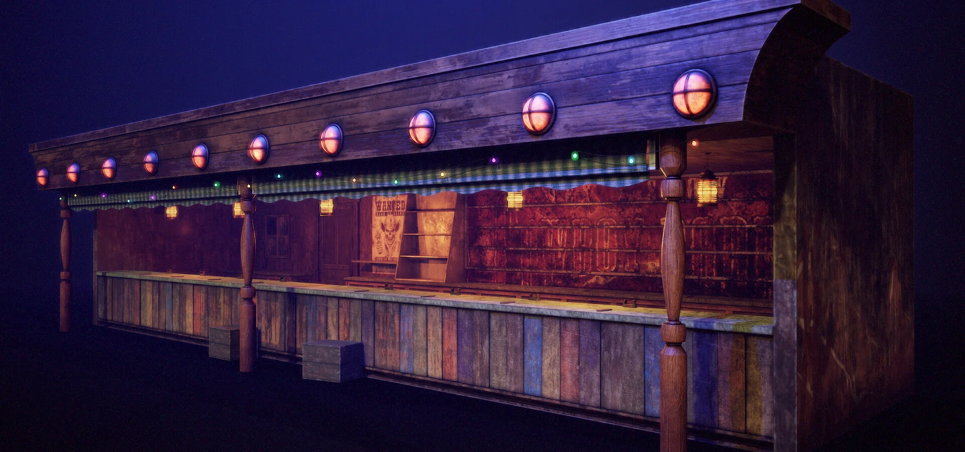 Three-quarter view of the stall from the left, showing the depth of the counter and the lit interior.