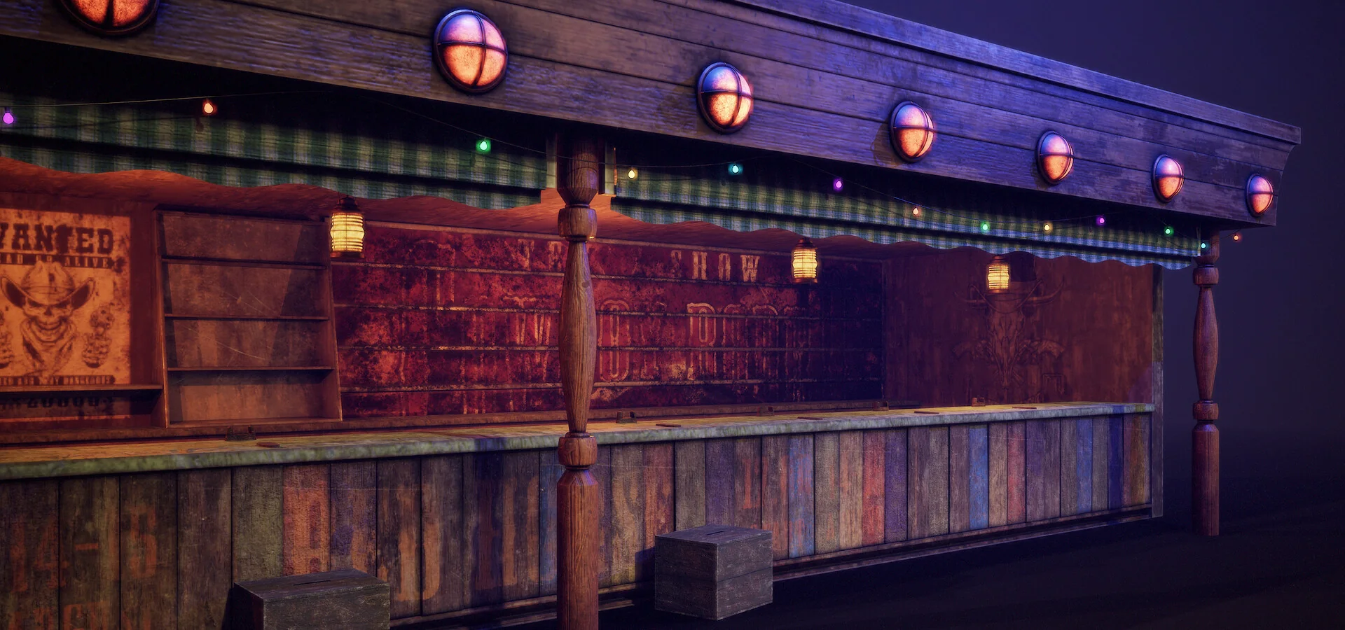 Angled view along the counter with the hanging lanterns and painted signage behind.