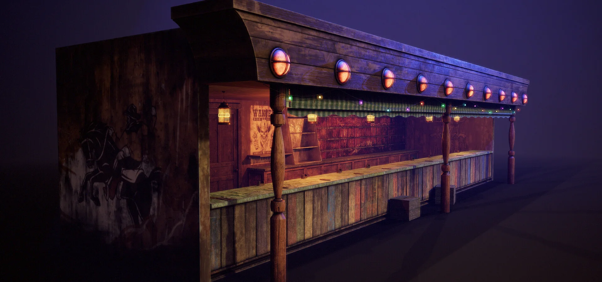 Interior of the stall in perspective, with the WANTED poster and the rusted back panels.