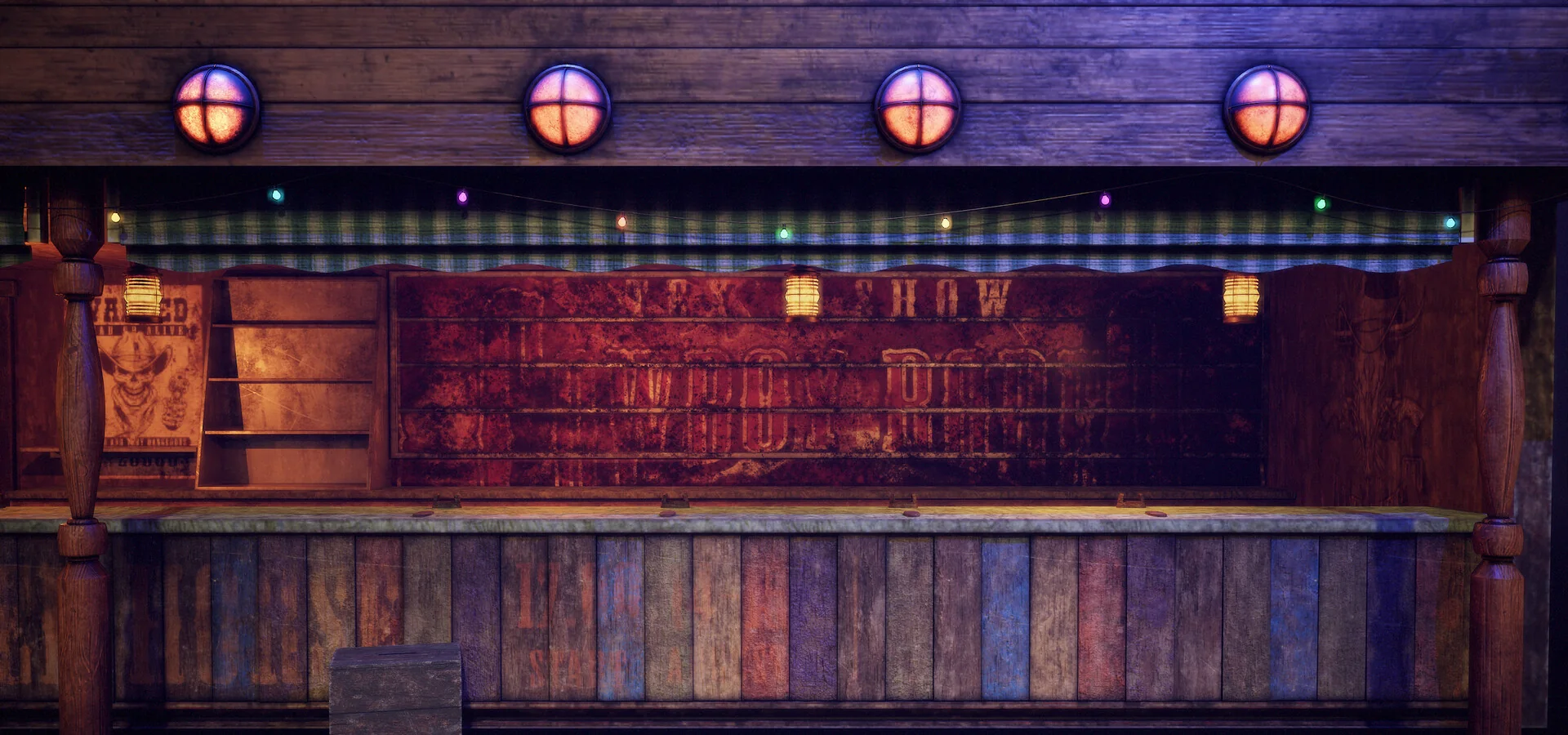 Close view of the counter top, shelving and prize display inside the stall.