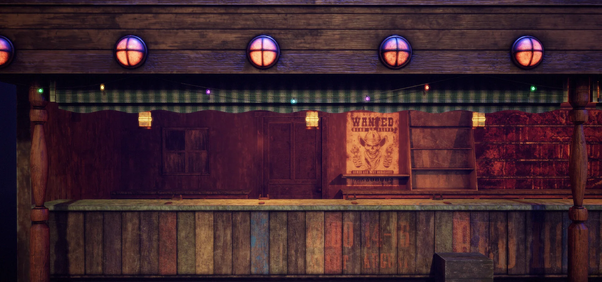 Detail of the hanging lamps and string lights running the length of the canopy.