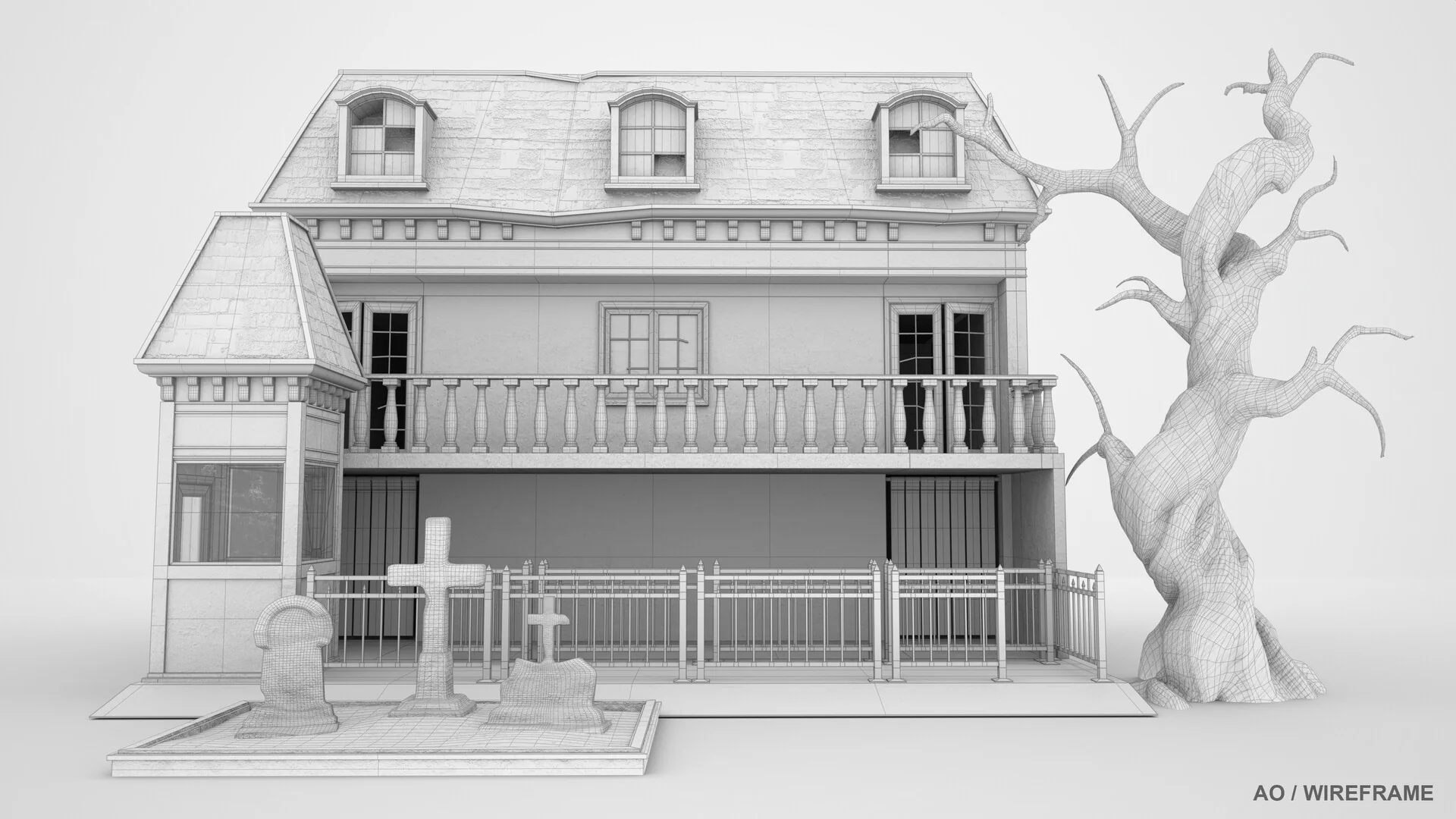 Ambient occlusion and wireframe pass of the whole set, rendered in white.