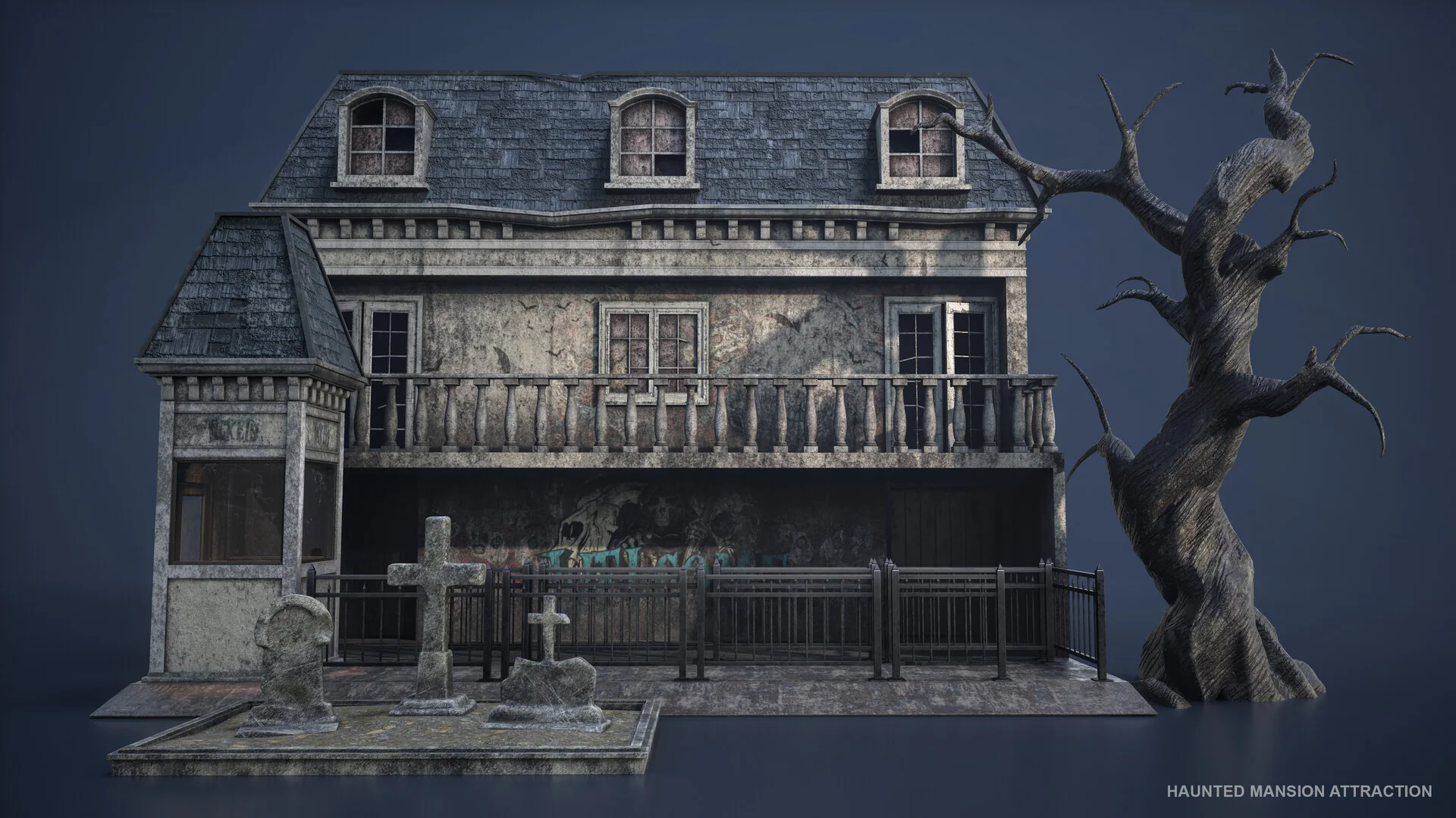 Front elevation of the haunted mansion attraction: a derelict two-storey house with a ticket booth, an iron fence, gravestones and a bare dead tree.