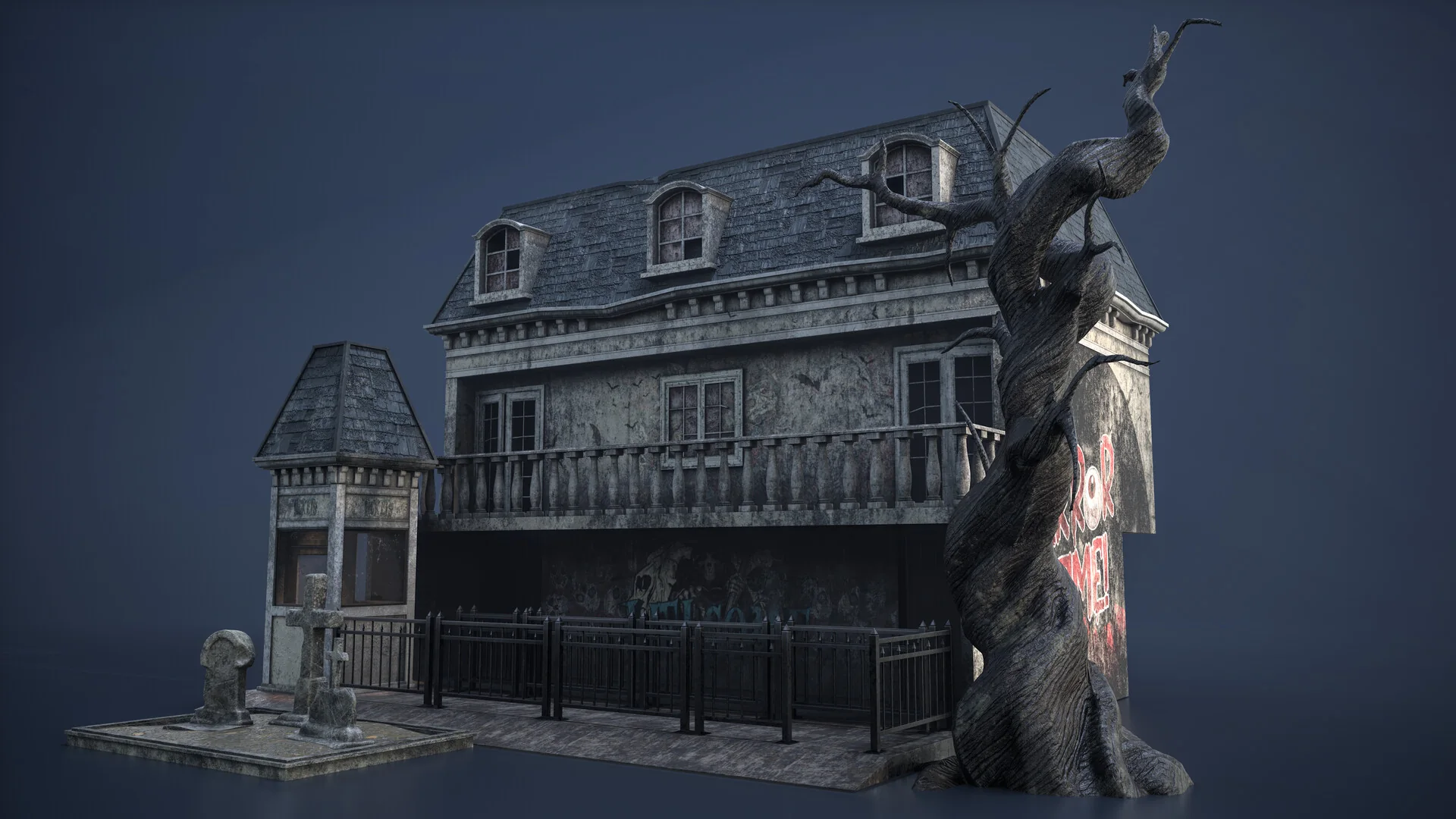 Three-quarter view of the mansion with the dead tree in the foreground and a red TERROR TIME sign on the side wall.