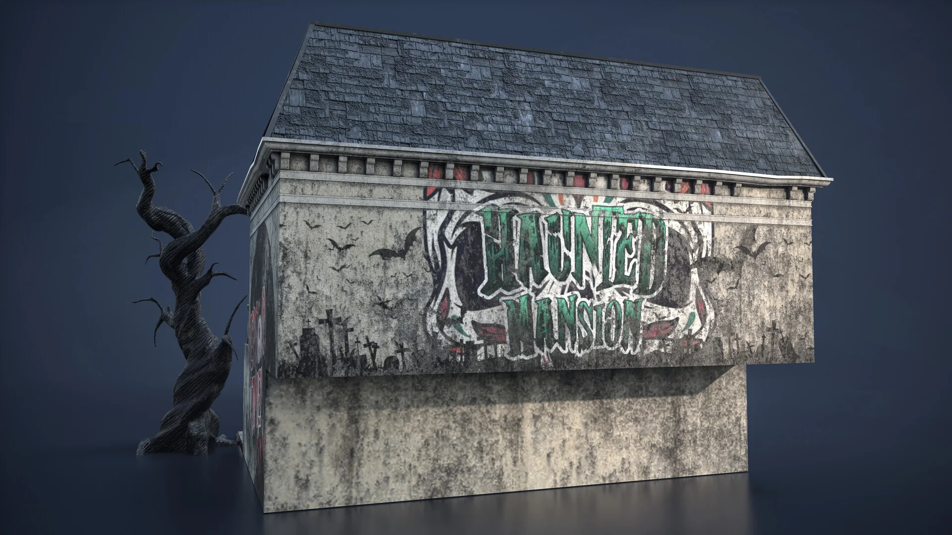 The back of the attraction, its wall covered by a large HAUNTED MANSION mural in green lettering.