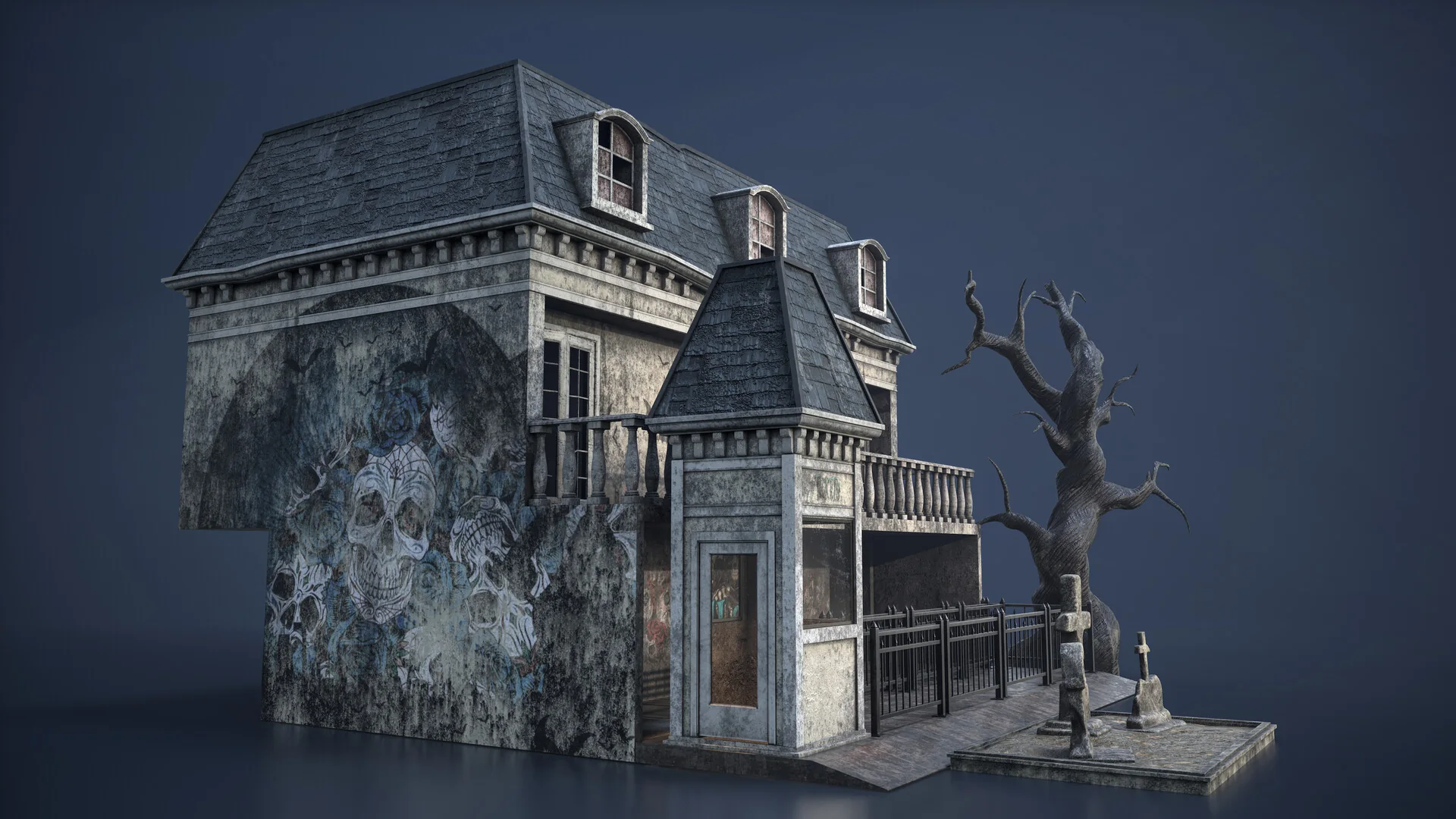 Rear three-quarter view showing the painted skull mural that covers the side of the building.