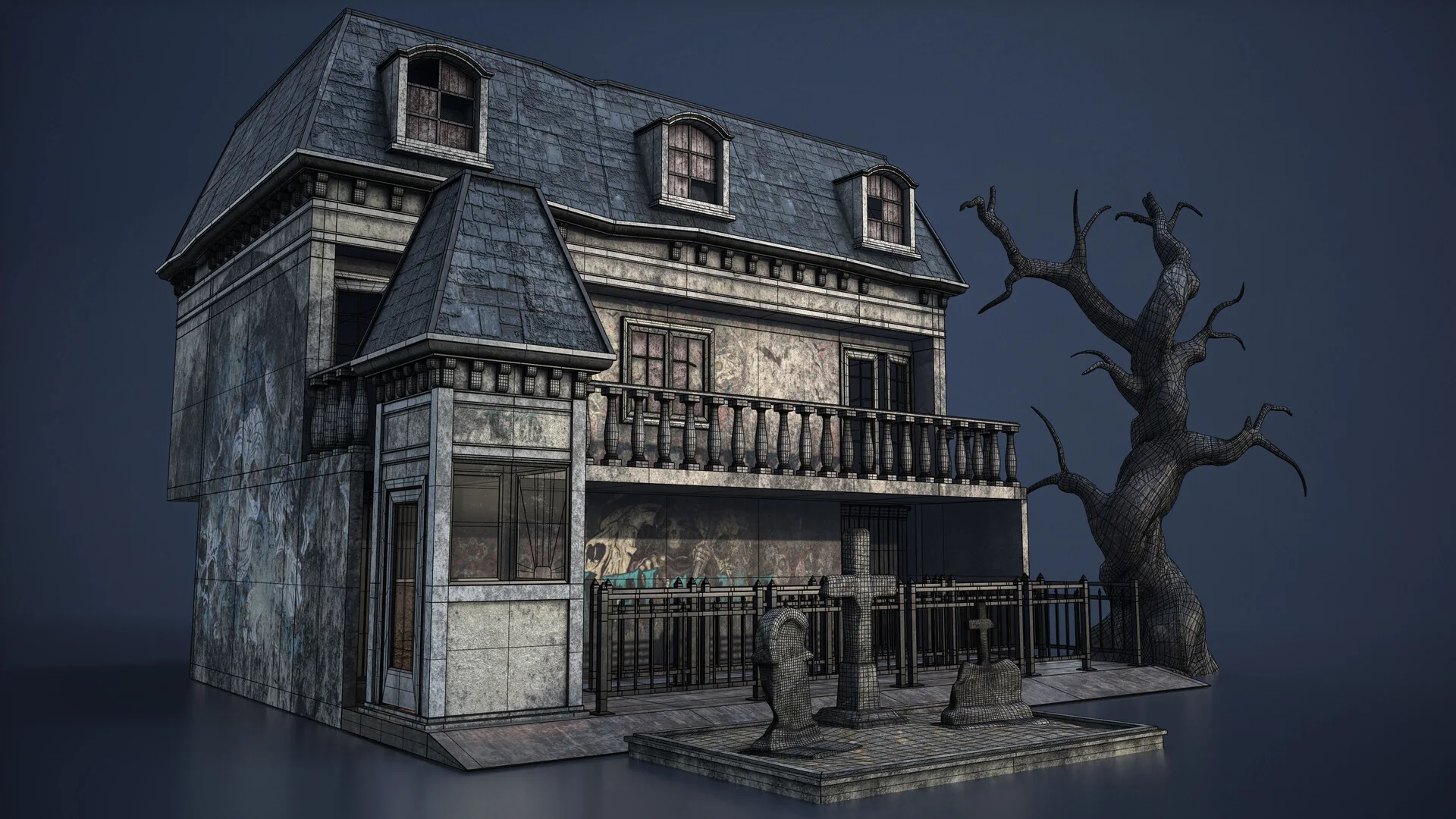 The same three-quarter view with the wireframe overlaid across the building, fence and tree.