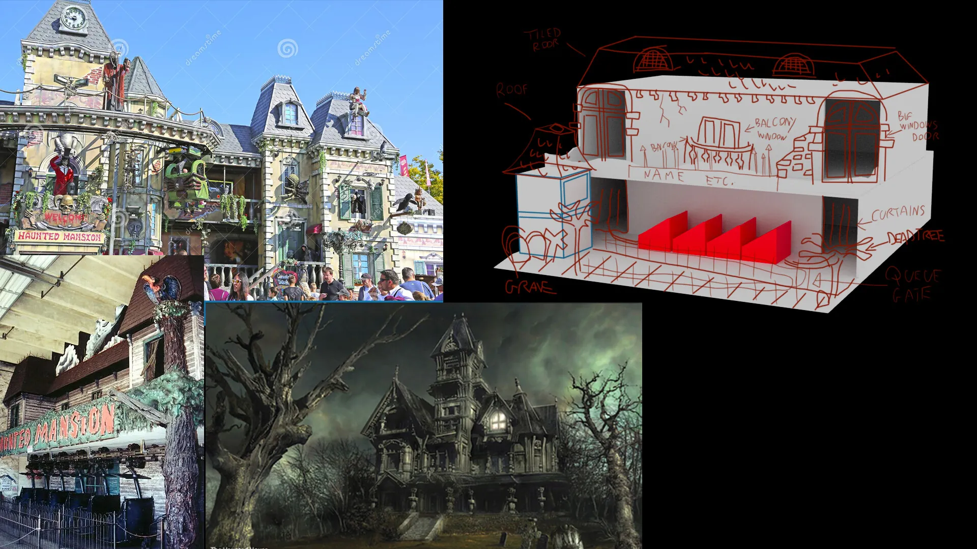 Reference board: photographs of real fairground haunted houses beside a rough 3D block-out annotated in red with tiled roof, balcony, curtains, dead tree, grave and queue gate.