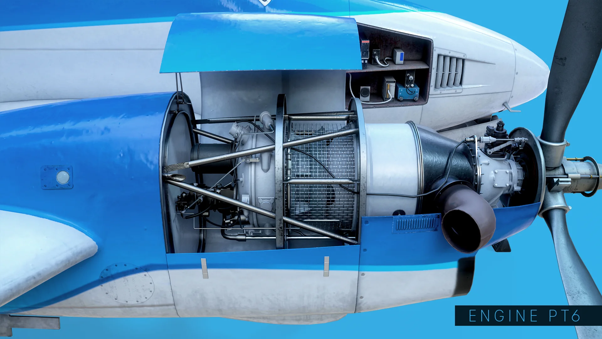 Side view of the PT6 turboprop with the cowling open, showing the compressor housing, exhaust stack and accessory section.