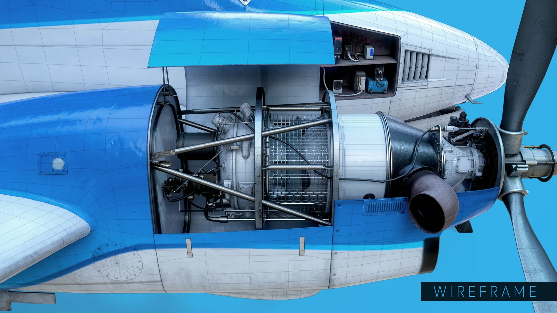 The open PT6 engine bay with the wireframe overlaid.