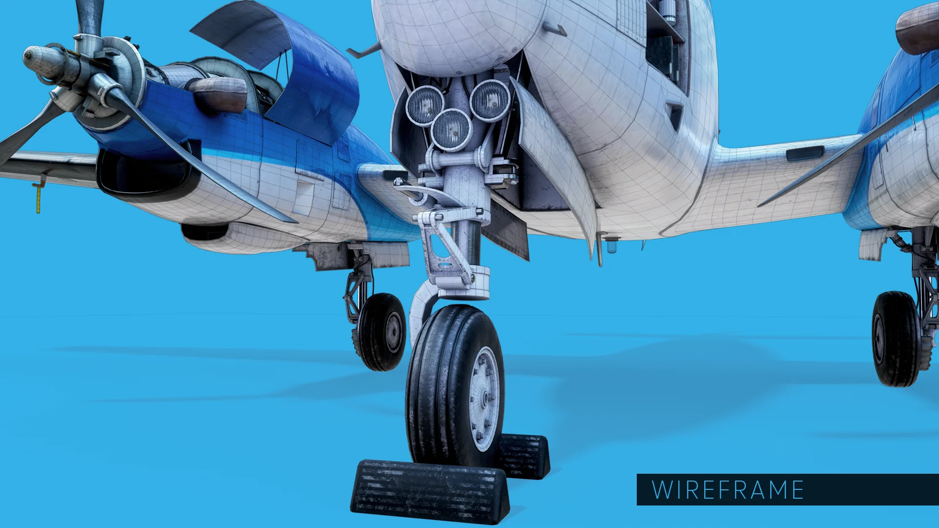 The nose landing gear with the wireframe overlaid.
