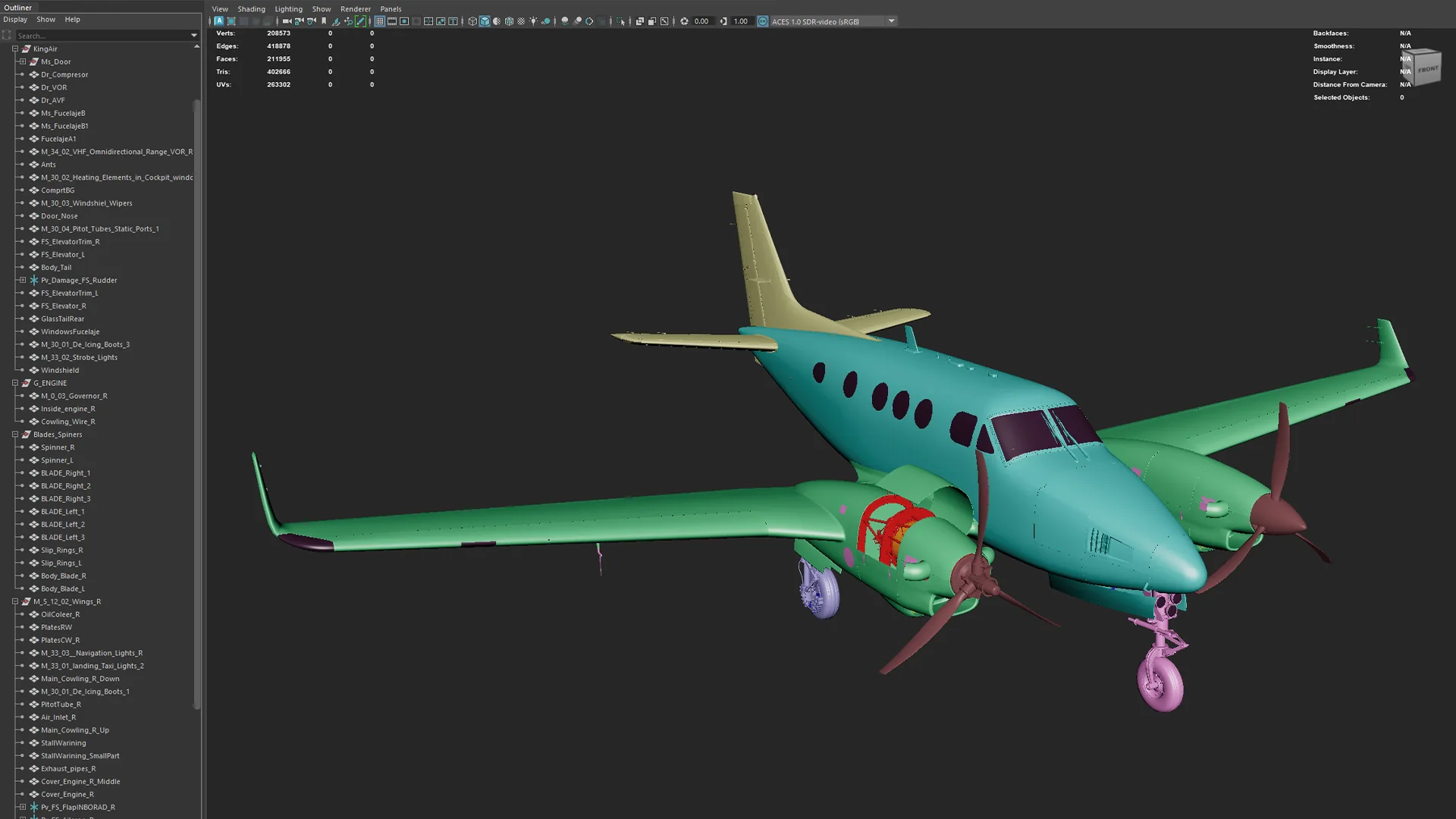 Maya viewport showing the King Air outliner with named components and a heads-up display reading 208,573 verts, 211,955 faces and 402,666 tris.