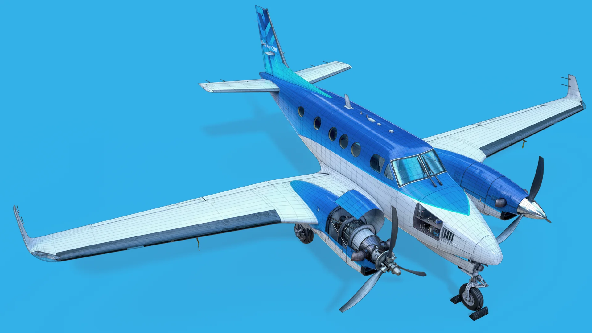 The same three-quarter view with the wireframe overlaid, showing edge distribution across fuselage and wings.