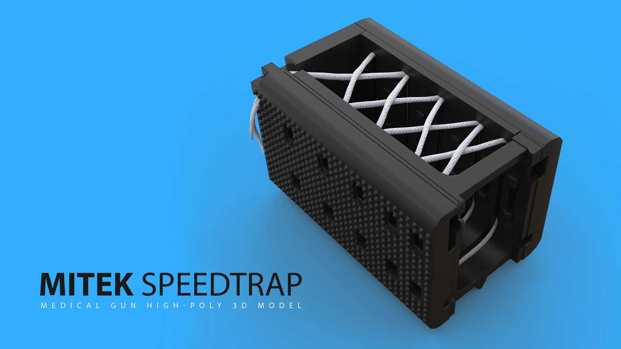 Mitek Speedtrap graft preparation device: a black rectangular frame threaded with white whipstitch cord.