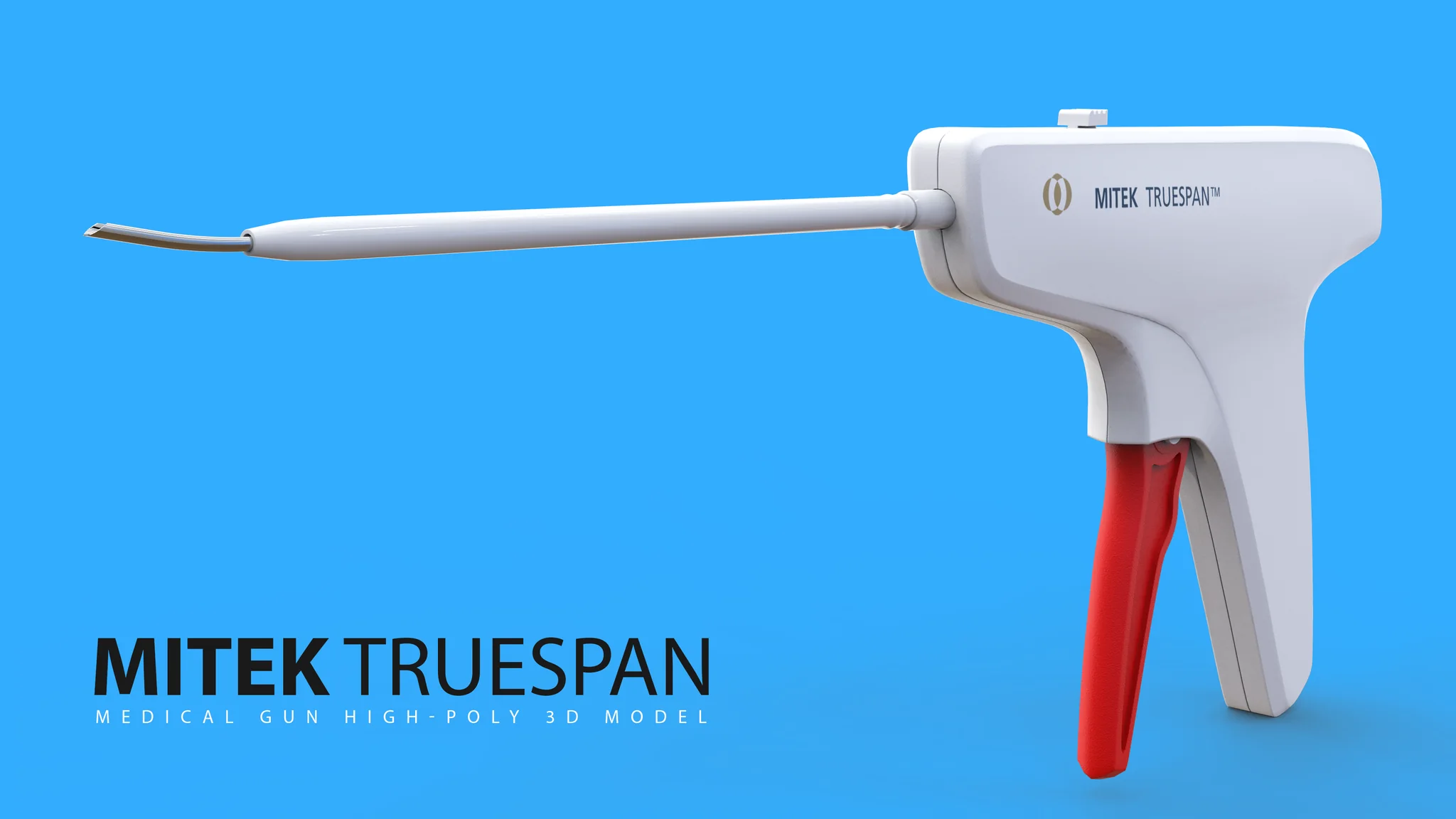 Mitek Truespan surgical gun in profile: white body with a red trigger and a long slim shaft, on a blue backdrop.