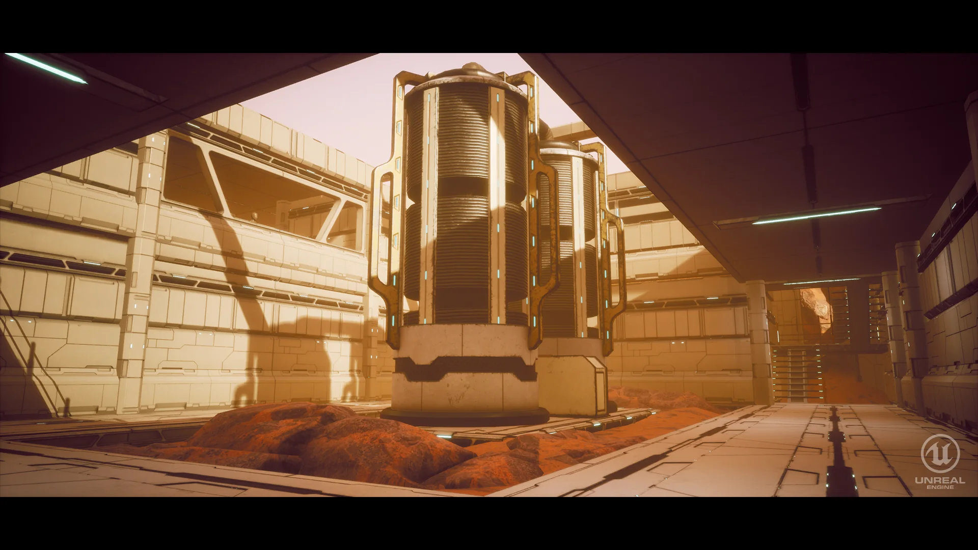 Interior of the outpost with the central reactor rising through the floor and red rock breaking through the deck.