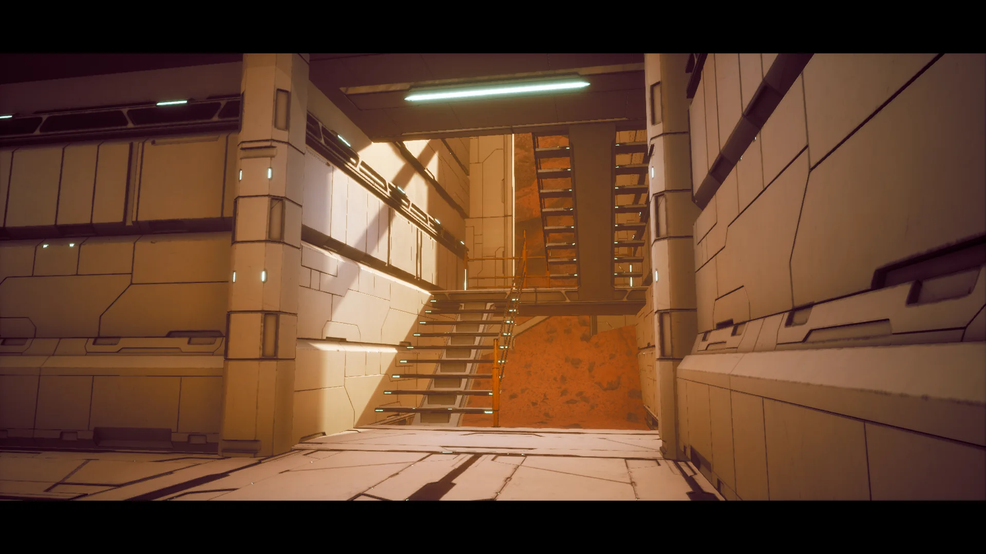 Interior passage with a staircase at the far end and red sand spilling in from outside.