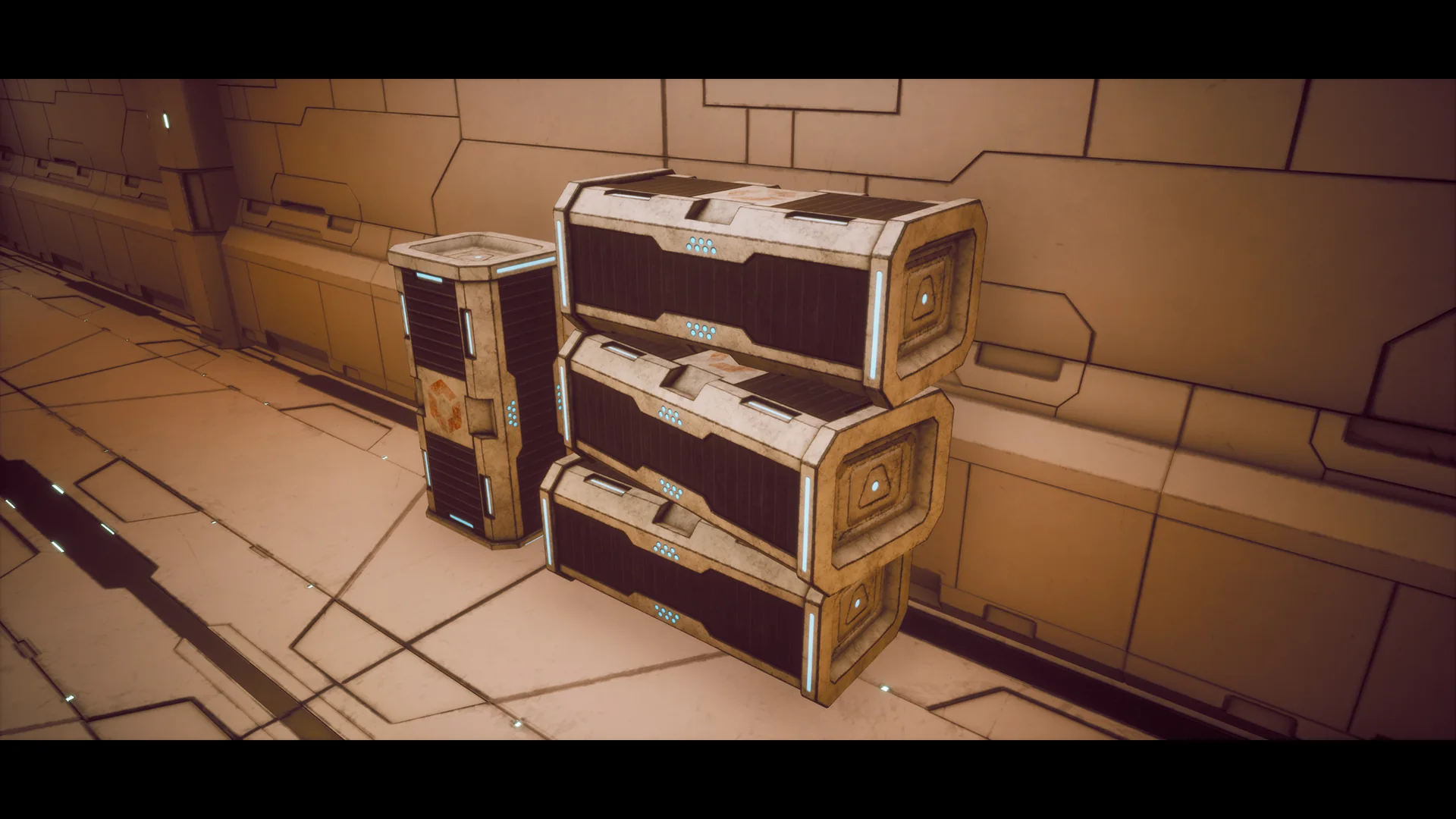 Transport cases stacked against a corridor wall, with a taller storage unit beside them.
