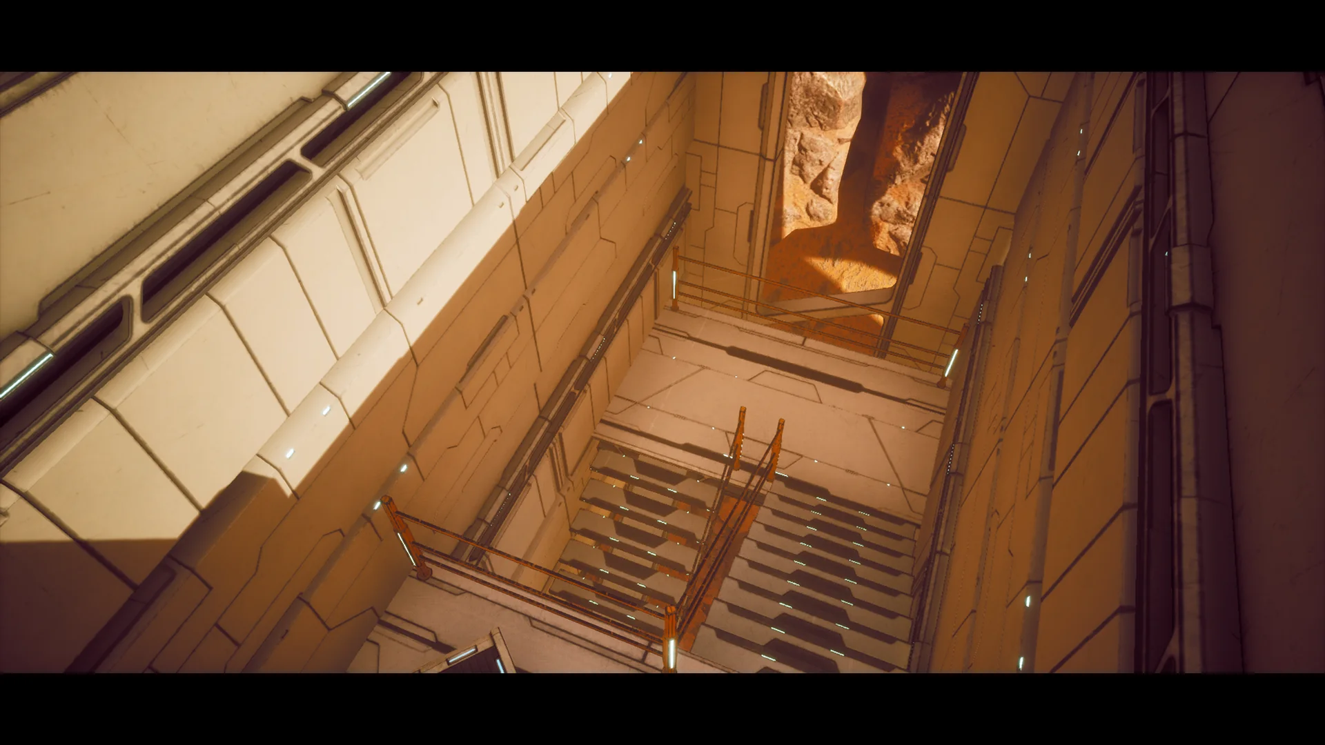 Overhead view down through the stairwells and walkways of the outpost.