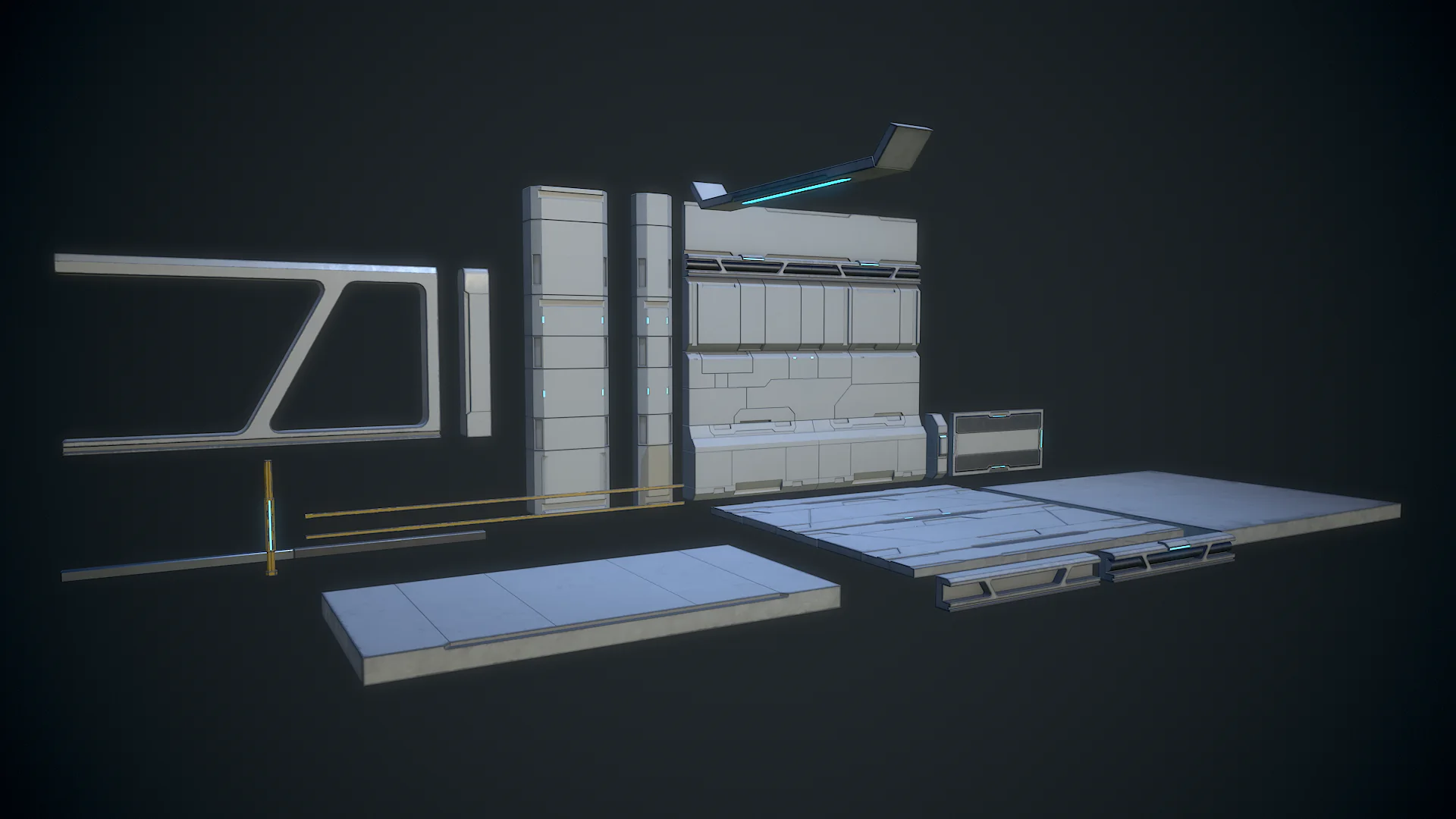 The modular kit laid out: wall panels, columns, floor tiles, railings and a light fixture, textured.