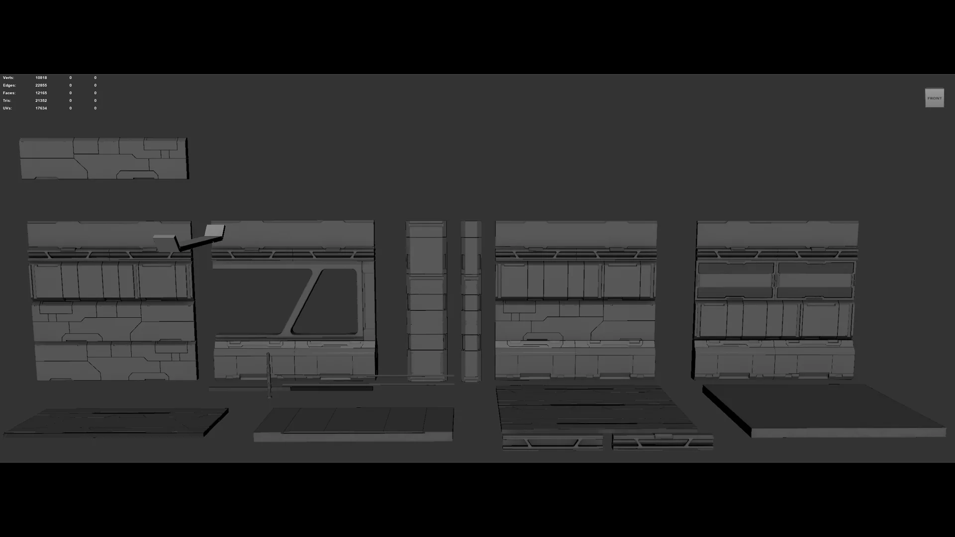 Untextured grey view of the modular wall variations in Maya, with a heads-up display reading 10,818 verts, 12,165 faces and 21,352 tris.